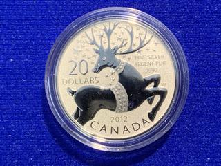 2012 Canada Twenty Dollar .9999 Fine Silver Coin "Reindeer".