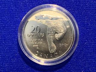 2012 Canada Twenty Dollar .9999 Fine Silver Coin "Polar Bear".