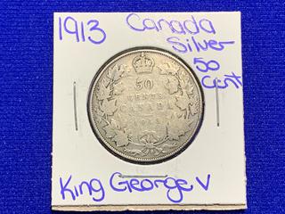 1913 Canada Fifty Cent Silver Coin.