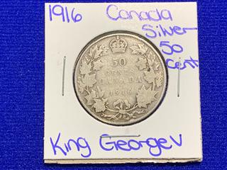 1916 Canada Fifty Cent Silver Coin.