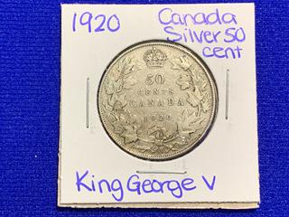 1920 Canada Fifty Cent Silver Coin.