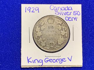 1929 Canada Fifty Cent Silver Coin.