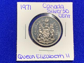 1971 Canada Fifty Cent Silver Coin.