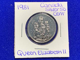 1981 Canada Fifty Cent Silver Coin.