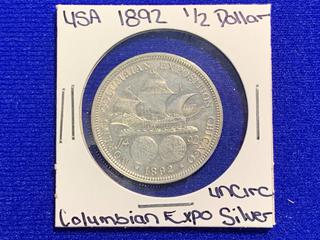 1892 USA Half Dollar Silver Coin "Columbian Exposition".