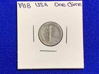 1918 USA Ten Cent Silver Coin.