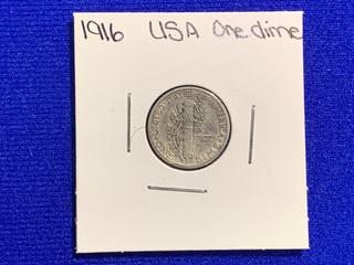 1916 USA Ten Cent Silver Coin.