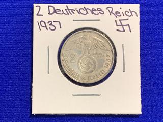 1937 Germany Two Reichsmark Silver Coin.