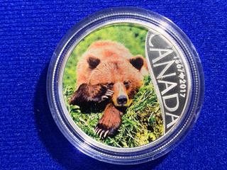 2017 Canada Ten Dollar Half Ounce .9999 Fine Silver Colour Printed Coin "Grizzly Bear".