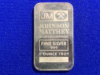 Johnson Matthey One Troy Ounce .999 Fine Silver Bar.