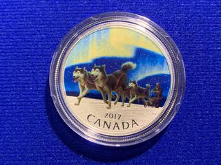 2017 Canada Ten Dollar .9999 Fine Silver Colour Printed Coin c/w Display Case "Dog Sledding Under The Northern Lights".