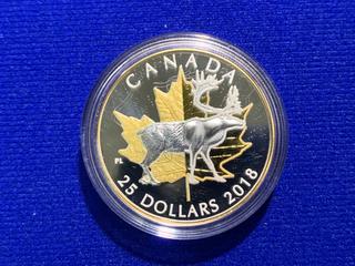 2018 Canada Twenty Five Dollar .9999 Fine Silver Partially Gilt Piedfort Coin c/w Display Case "Caribou".