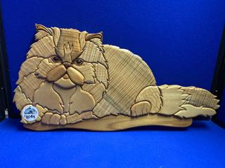 21"x10" Hand Crafted Wood Persian Cat (Cedar, Curley Maple & Birch)