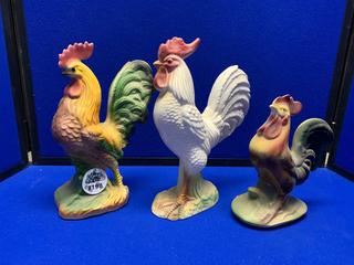 8", 9" & 10" Ceramic Rooster Figurines.