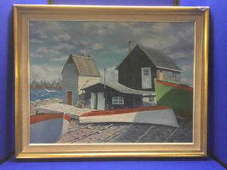 Framed Boat House Painting, 28" x 22".