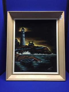 Framed Lighthouse Velvet Painting 20"x 24".