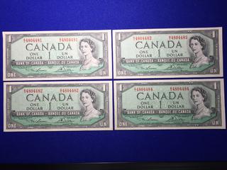 (4) Sequential 1954 Canada One Dollar Bank Notes, S/N BI4804481 - BI4804484.