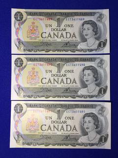 (3) Sequential 1973 Canada One Dollar Bank Notes, S/N ECT3611489 - ECT3611491.