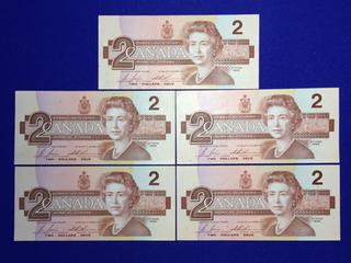 (5) Sequential 1986 Canada Two Dollar Bank Notes, S/N EGR5518440 - EGR5518444.