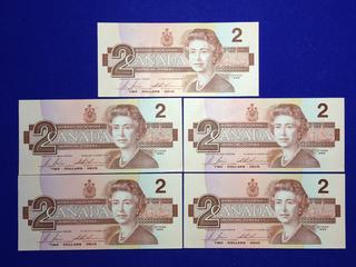 (5) Sequential 1986 Canada Two Dollar Bank Notes, S/N EGR5518445 - EGR5518449.