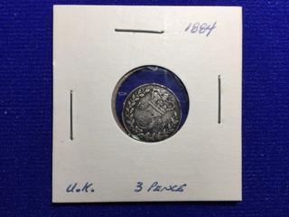 1884 UK Three Pence Coin.