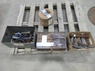 Steel Box of Assorted Heavy Duty Hinges, Box of Assorted Springs, Steel Box of Assorted Hangers, Bolts, Spool of Baling Twine (K-3-2)