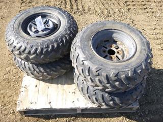 (2) Dunlop A/T Quad Tires, Model KT404, Size AT25x8-12, w/ 4 Stud Rims, C/w (2) Dunlop KT405 AT25X10-12 A/T Quad Tires w/ 4 Stud Rims (Row 2)