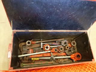 Pipe Fitters Tool Box, C/w Contents of (3) Pipe Wrenches, (3) Pipe Cutters, (3) Hand Threaders, (6) Sets of Threading Heads  (Row 5)