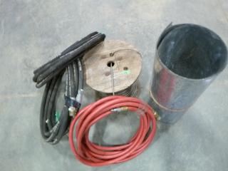 Spool of Wire Cable, (2) High Pressure Hoses, 4800 PSI, 3/8 In., (1) Air Hose, Galvanized Flashing 76 In. x 17 1/2 In. (J-5-2)