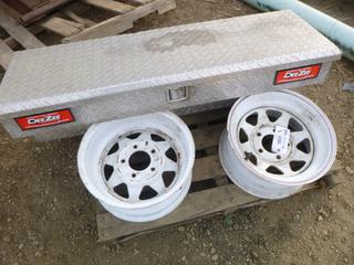 (2) Trailer Rims. 5 Bolt, 16 In., C/w Deezee Aluminum Tool Box 4 Ft. (Row 5)