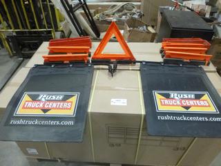 Unused Semi Truck Mud Flaps w/ Hanging Brackets, (2) Cases of 3 Road Reflector Triangles (L-3-1) 