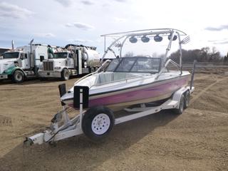 1992 Ski Brendella Boat, PCM Marine Power PRD-PR-L12PP Engine, Showing 879 Hours, Wakeboard Tower w/ Boss Speakers, Kicker Subwoofer and JBL Amp, Star Gazer Perfect Pass, SN BCP01416K192, w/ VIM Custom Boat Trailers Brendella Open Bow Boat Trailer c/w ST205/75R14 Tires, VIN 1VMBE2125N1011010. *Note: Runs, Serviced and Currently Winterized, New Ballast Tank Pump*