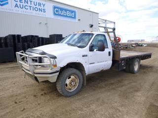 2004 Ford F-450 XLT Super Duty Extended Flat Deck Truck c/w  6.0L V8 Power Stroke, Diesel, A/T, A/C, Showing 389,997 Kms, GVWR 15,000 Lb., 166 In. W/B, Manual Hub, PTO, Headache Rack, Storage Cabinet, Roda Deaco Positive Air Shut Off Switch, 245/70R19.5 Tires at 40%, Front Axle Rating 6,000 Lb., Rear Axle Rating 11,000 Lb., 14 Ft. x 8 Ft., VIN 1FDXF47P24ED76887 