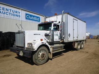 1995 Western Star 4964 F Mud Mixing Truck c/w CAT 13406 Diesel, 18 Eaton Fuller Transmission, A/C, Showing 552,615 Kms, 7,297 Hours, GVWR 27,723 KG, 248 In. W/B, Thermo King Insulated Structure w/ Webasto Heater, Pintle Hitch, Rear Shelving and Storage, Water Tank In Rear, Man Door Steps, 11R24.5 Tires at 60%, 18 Ft., VIN 2WLPCCCH7SK937662 *Note: Damage To Rear Floor*