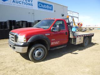2007 Ford F-550 Super Duty XL Regular Cab Flat Deck c/w Power Stroke V8 Turbo Diesel, 5 Speed Manual, A/C, Manual Hub, Showing 132,084, GVWR 19,000 Lb, 165 In. W/B, Primus Trailer Brake System, Pintle Hitch, 255/70R19.5 Tires at 40%, Rears at 5%, Front Axle Rating 7,000 Lb, Rear Axle Rating 13,660 Lb, 10 Ft. 8 In. x 8 Ft., CVIP 12/2021, VIN 1FDAF57P77EA34397 *Note: New Windshield, Damage To Screen, Work Order and CVIP In Documents Tab* **Part of 4 U Equipment Dispersal**