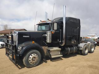 1996 Kenworth Truck Tractor c/w Detroit 60 Diesel, 13 Speed Manual, Showing 675,150 Kms, 2,820 Hours, Leather, 244 In. W/B, Diff Lock, 60 In. Sleeper (No Matress), Aluminum Headache Rack (Damaged), HD Aluminum Front Bumper, Aluminum Buds, 11R22.5 Tires at 80%, Rears at 40%, CVIP 08/2021, VIN 1XKWDR9X7TJ943315