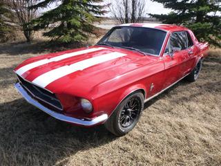 1968 Mustang C/w 289 V-8 engine, auto trans, recent paint, minor oil leak, brake light on and needs weather stripping for trunk. Showing 37,449 miles. VIN 8R01C133797 Alberta Registered