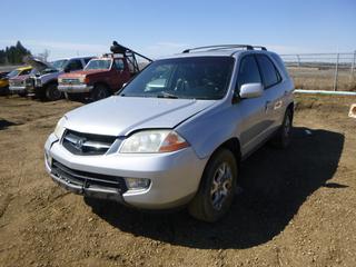 2002 Acura MDX AWD c/w 3.5L V-Tec, A/T, A/C, Fully Loaded, Leather, Power Sunroof, Showing 208,704 Kms, 235/65R17 Tires at 30%, VIN 2HNYD18602H004046 *Note: Maintenance Required Light On, Damaged Bumper/Body, Rust*