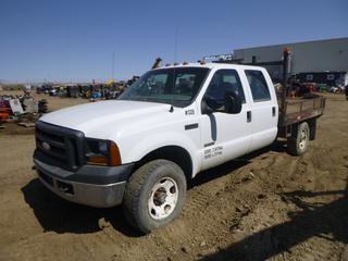 2007 Ford F-350 XL Super Duty 4X4 Crew Cab Flat Deck c/w 6.0L Power Stroke, Diesel, A/T, A/C, Beacons, Headache Rack, LT275/70R18 Tires at 50%, Rears at 40%, 9 Ft. Deck, VIN 1FDSW35P47EB20536 *Note: No Key, Running Condition Unknown, Body Damage, Rust* **Part of 4 U Equipment Dispersal**