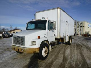 1998 Freightliner FL70 20 Ft. Mud Mixing Truck c/w Cummins 5.9L B5.9-210 Diesel, 6 Speed Manual, A/C, Showing 103,097 Kms, 9,121 Hours, GVWR 14,266 KG, 235 In. W/B, 11R22.5 Tires at 80%, Rears at 60%, Front Axle Rating 12,000 Lb, Rear Axle Rating 22,700 Lb, Mud Tank Size 10 Ft. x 5 Ft. x 5 Ft., CVIP 12/2021, VIN 1FV6HFAA2WH955863. *Note: Odometer Not Working*