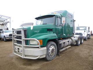 2003 Mack CH600 Truck Tractor c/w E7-460P Diesel, 18 Speed Eaton Fuller, Showing 740,402 Kms, 34,547 Hours, 224 In. W/B, Webasto, PTO, Storage Cabinet, 64 In. Sleeper, Front Steer Axle Adjustable Air Bags, 11R24.5 Tires at 20%, Rears at 40%, Front Axle Rating 5,400 KG, Rear Axle Rating 20,800 KG, VIN 1M1AA18YX3W150104 *Note: New Battery as Per Consignor, Passenger Door Does Not Open, Rust*