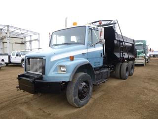 2001 Freightliner FL80 14 Ft. Dump Truck c/w A/T, Showing 235,956 Kms, GVWR 56,000 Lb, 204 In. W/B, Prairie Hydraulic Equipment Control System, Tekonsha Trailer Brake System, Manual Tarp, Hydraulic End Gate, 315/80R22.5 Tires at 20%, 11R22.5 Rears at 30%, Front Axle Rating 16,000 Lb, Rear Axle Rating 40,000 Lb, VIN 1FVHBXAK01HJ25593 