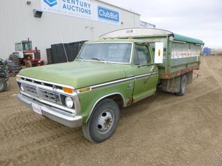 1976 Ford 350 Ranger Grain Truck V8 Gas C/w 4 Speed Manual, Showing 66,645 Kms, GVWR 10,000 Lb, PTO, 12 Ft Box, Hydraulic Dump, Roll Tarp, 7.50R16LT Tires at 40%, VIN F37MCA837707 *Note: Hydraulic Leak, Service Records In Documents Tab*