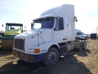 2002 Volvo Truck Tractor c/w VED12-425 Diesel, RTO-16908LL 8LL Manual, A/C, Showing 271,869 Kms, GVWR 52,000 Lb, 200 In. W/B, 42 In. Sleeper, Headache Rack, 295/75R22.5 Tires at 20%, Front Axle Rating 12,000 Lb, Rear Axle Rating 80,000 Lb, VIN 4V4MC9GH32N329746 *Note: Hole In Floor Of Cab, Damage and Rust*