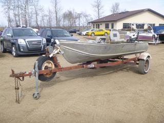 Harber MFG H-14SL 14 Ft. Aluminum Boat c/w Honda 100 4 Stroke Motor w/ Calkins Boat Trailer, 2 In. Ball, E78-14 Tires, SN ZHAF08500176