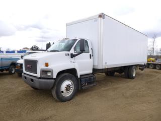 2005 GMC C7500 Van Truck c/w CAT C7 Diesel, A/T, A/C, Showing 358,970 Miles, GVWR 25,950 Lb, 262 In. W/B, Maxon Tuk-A-Way Lift Gate, 11R22.5 Tires at 40%, Dually Rears at 80%, Front Axle Rating 10,000 Lb, Rear Axle Rating 19,000 Lb, VIN 1GDJ7C1C15F510691 *Note: Lift Gate Does Not Work*