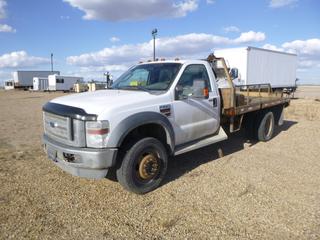 2009 Ford F-550 XLT Super Duty Regular Cab 4X4 Flat Deck c/w V8 Power Stroke Diesel, Showing 251,725 Kms, A/C, Manual Hub, Fifth Wheel, GVWR 19,500, Duel Fuel Tanks, 245/70R19.5 Tires at 60%, Dually Rears at 60%, Front Axle Rating 7,000 Lb, Rear Axle Rating 13,660 Lb, VIN 1FDAF57R39EA20436 