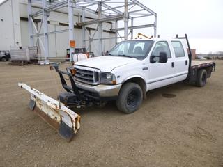 2002 Ford F-350 XL Super Duty 4X4 Crew Cab Flat Deck c/w 5.4L Triton, A/T, A/C, Showing 273,933 Kms, Headache Rack, Storage Cabinet, Power Hitch, Blizzard Power Plow Control System, Voyager Trailer Brake System, 8 Ft. to 9 Ft. Blizzard 810PP Plow, 8 Ft. 8 In. Deck, LT265/75R16 Tires at 60%, VIN 1FDSW35L22EA54137 *Note: Passenger Exterior Door Handle Broke*