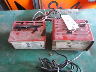 (2) Motormaster Battery Charger , 6 & 12 Volts, Overload Protection, Working Condition Unknown.