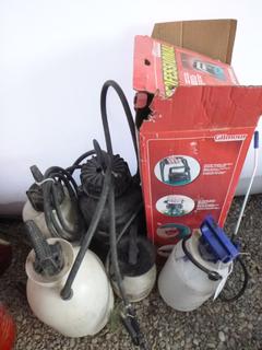 Compressor air Sprayer, (5) Small Bottles, (1) 3 Gallon Sprayer In Box (New).